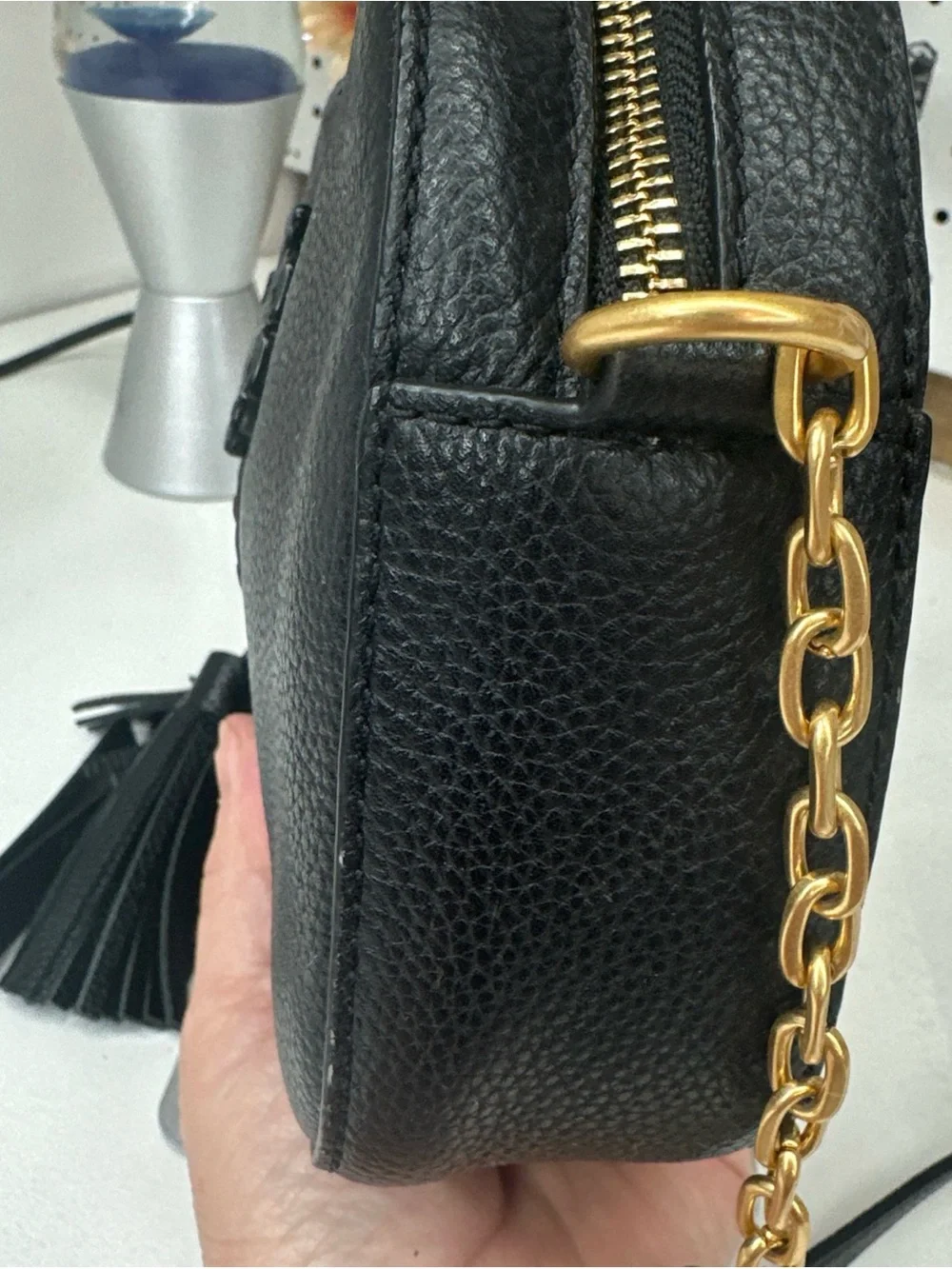 Tory Burch McGraw Crossbody tassle bag black pebbled leather Double T logo.